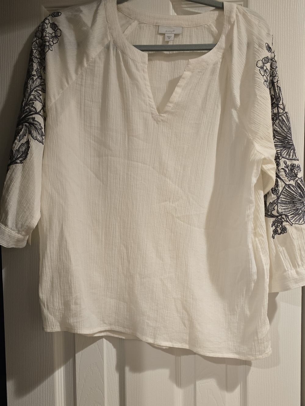Pure Jill White Embroidered-Sleeve Tunic Top